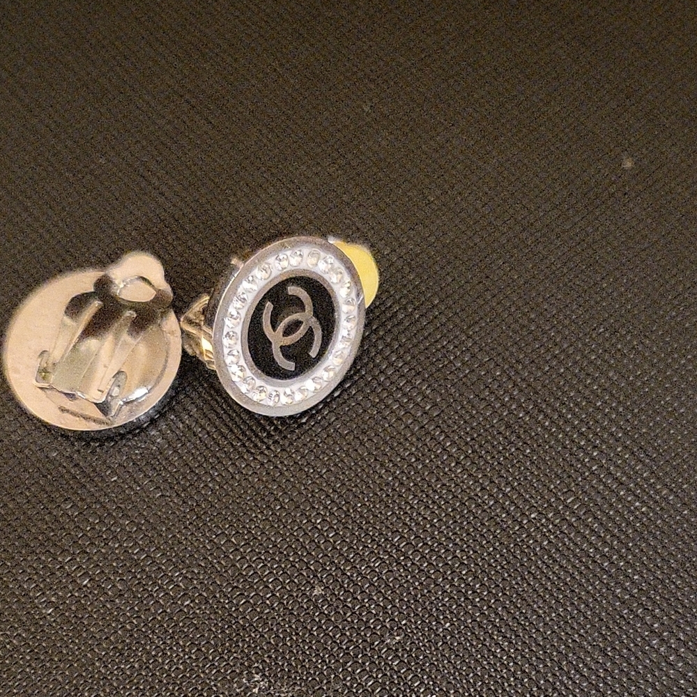 CHANEL Gold and Rhinestone Logo Clip-On Earrings - Picture 2 of 2